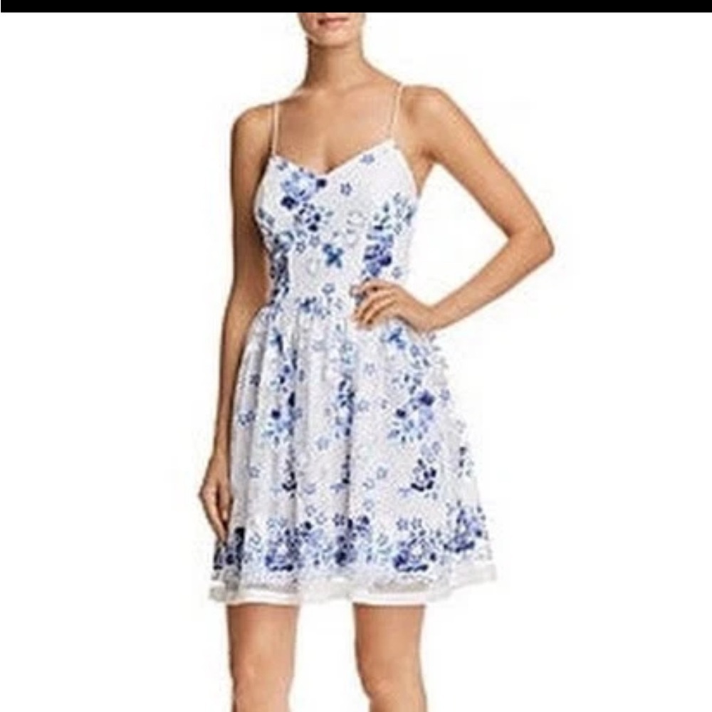 Aqua White and Blue Floral Spaghetti-Strap Mini Dress